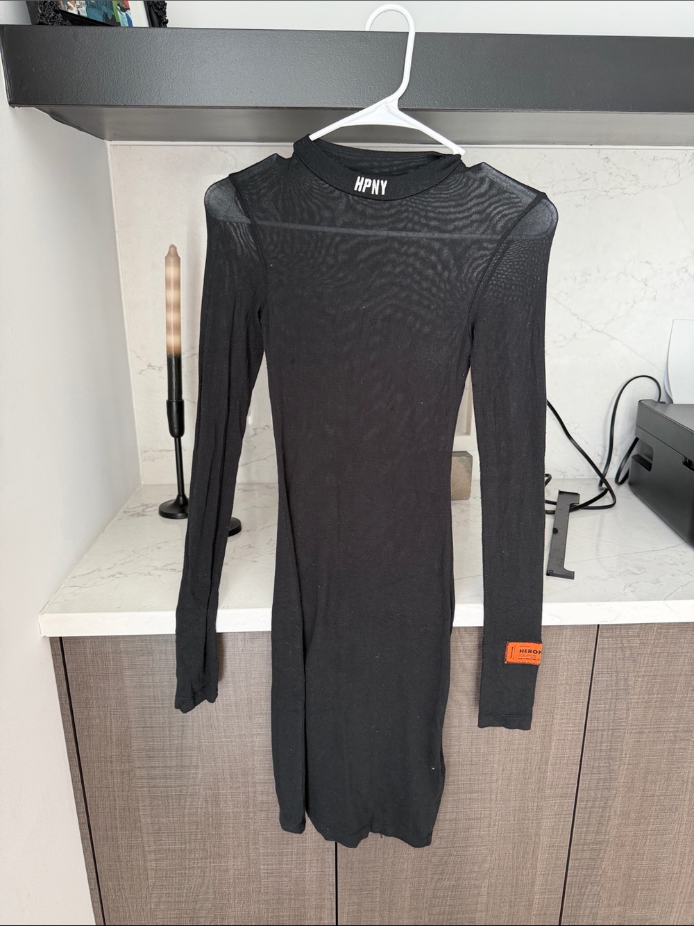 Heron Preston Black Long-Sleeve Bodycon Dress with Orange Logo Tab
